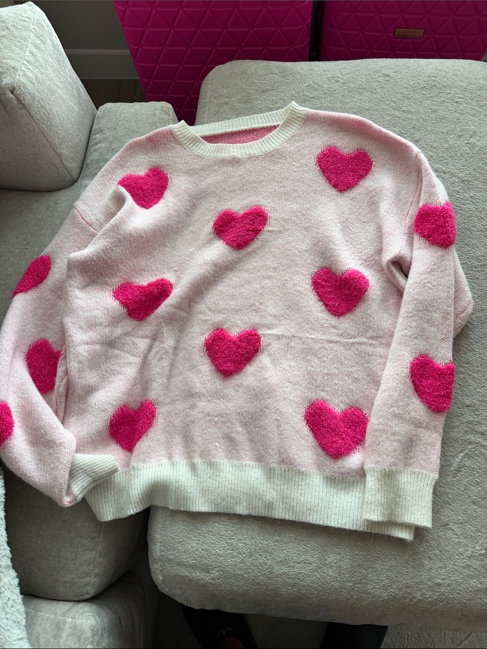 Pink Heart Pattern Crewneck Sweater - Bright Pink Hearts
